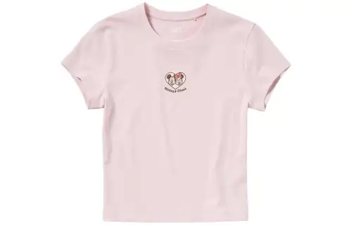 UNIQLO X Disney Co Brand T Shirts Women's Pastel Pink Crew Neck Moderate Straight Fit