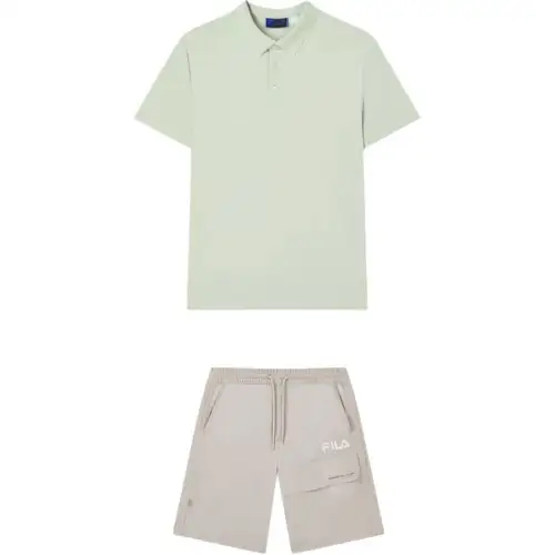 FILA Casual Sportswear Men's Set Light Spruce Green Top+Sparrow Wheat Shorts Polo Collar Moderate