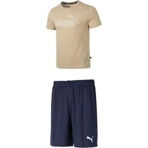 PUMA Casual Sportswear Men's Set Light Brown Top+Navy Blue Shorts Crew Neck Moderate