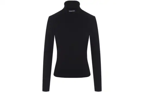 Balenciaga Women'ss Logo Patch Stretch Knit Turtleneck Sweater Black