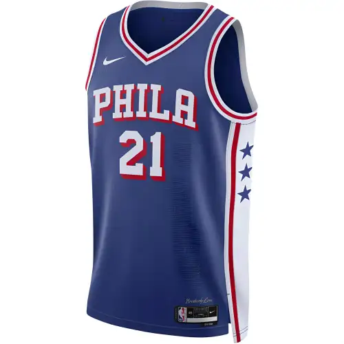 Nike Sweat-absorbent and dry V-neck pullover alphanumeric sleeveless basketball jersey 23/24 season Philadelphia 76ers Joel Embiid No. 21 Men's Dark Blue