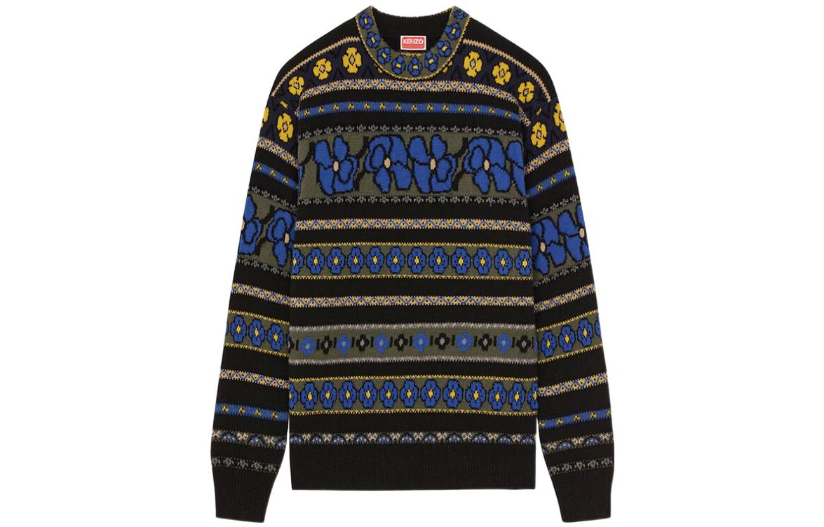 KENZO X nigo FW22 geometric striped jacquard round neck pullover sweater for women blue