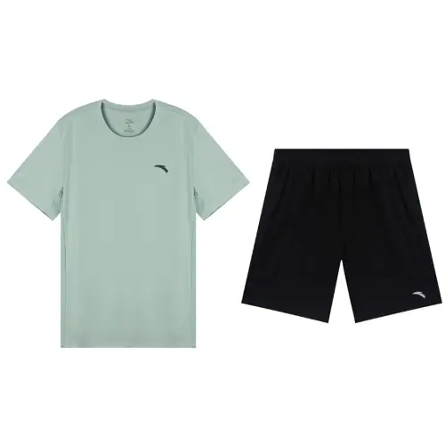 ANTA Casual Sportswear Men's Set Mist Gray Green Short Sleeved Shirt+Black Shorts Crew Neck Moderate