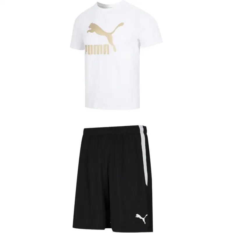 PUMA Casual Sportswear Men's Set White Top+Black Shorts Crew Neck Moderate