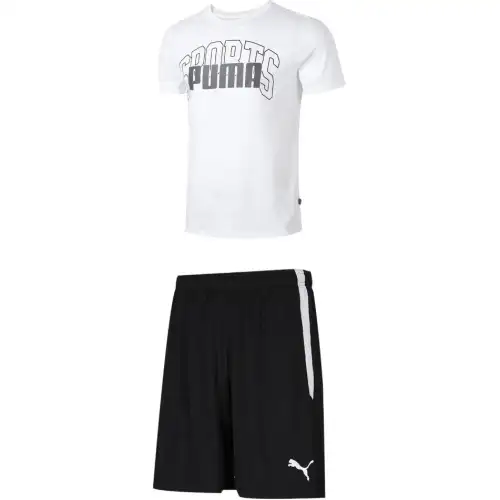 PUMA Casual Sportswear Men's Set White Top+Black Shorts Crew Neck Moderate