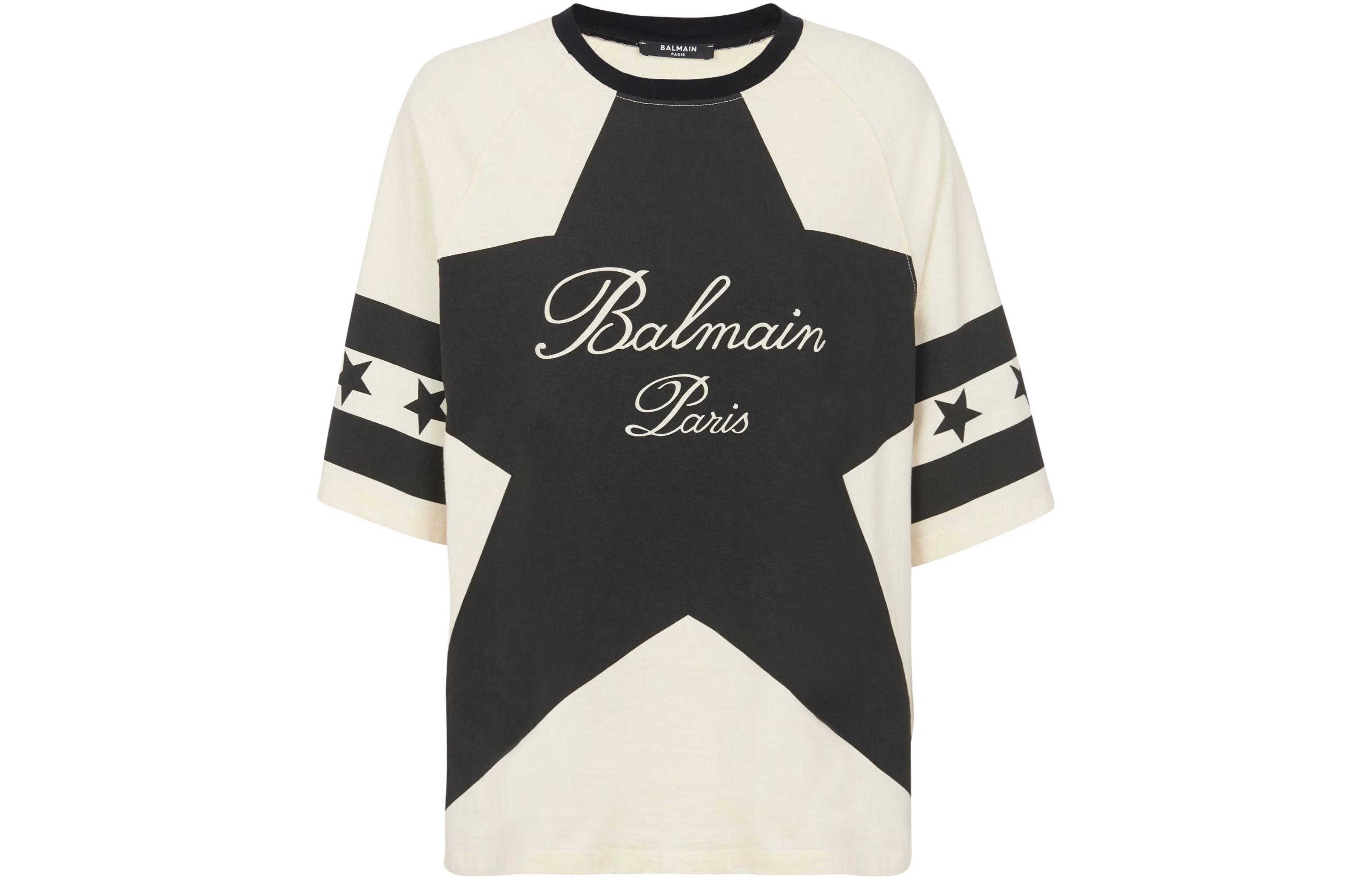 Женская футболка BALMAIN Signature Stars (бежевая)
