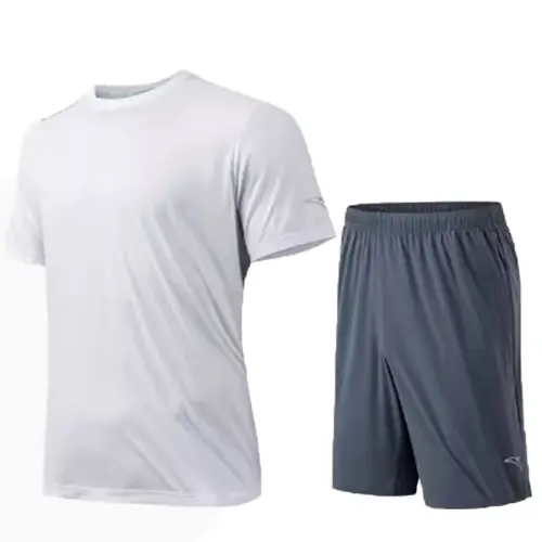 ANTA Casual Sportswear Men's Set Pure White Short Sleeved Shirt+Gray Shorts Crew Neck Thin