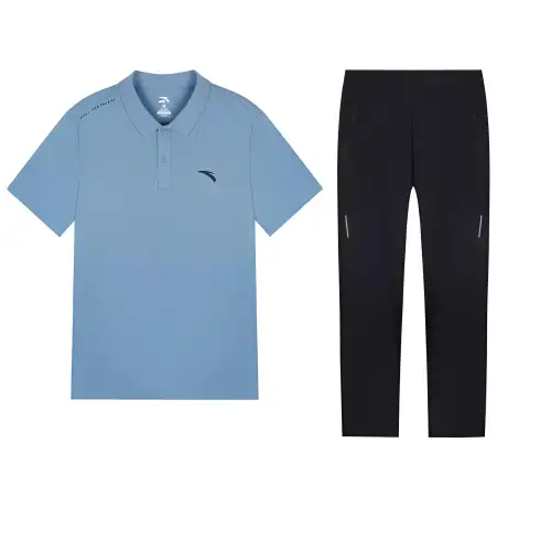 ANTA Casual Sportswear Unisex Set Soaring Blue Short Sleeved Shirt+Basic Black Pants Polo Collar Moderate