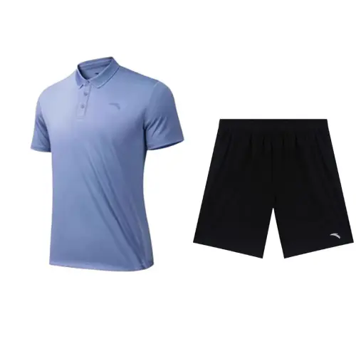 ANTA Casual Sportswear Men's Set Sky Blue Short Sleeved Shirt+Basic Black Shorts Polo Collar Moderate