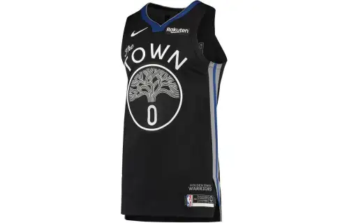 Nike Colorblock printed alphanumeric V-neck sleeveless basketball jersey AU Player Edition Golden State Warriors City Edition Blue Oak D'Angelo Russell Size 0 Men's Black