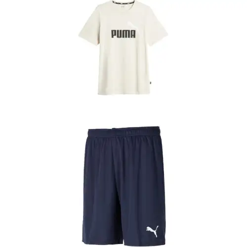 PUMA STUDIO Casual Sportswear Men's Set Snow White Top+Navy Blue Shorts Crew Neck Moderate