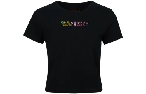 EVISU T Shirts Women's Black Crew Neck Moderate Cinched Waist