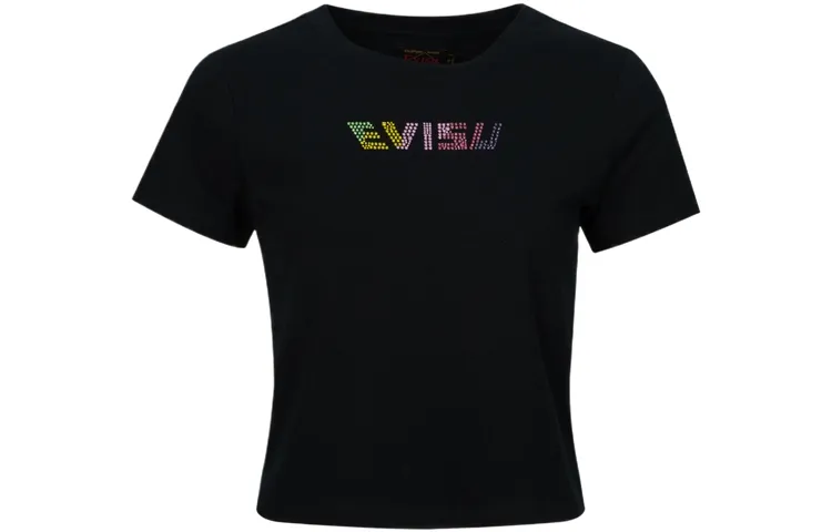 EVISU T Shirts Women's Black Crew Neck Moderate Cinched Waist
