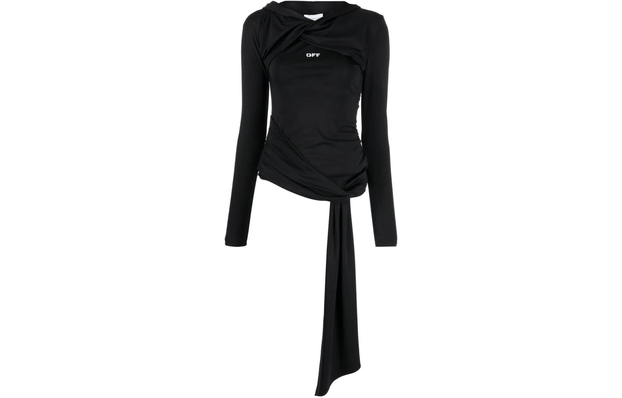 OFF-WHITE Asymmetrical black long-sleeve with hood, with your logo imprint, cut