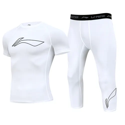 Li Ning, fitted overall with a round collar for gym, white set, with short sleeve, elastic waist, men's style
