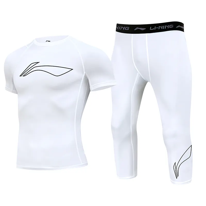 Li Ning, fitted overall with a round collar for gym, white set, with short sleeve, elastic waist, men's style