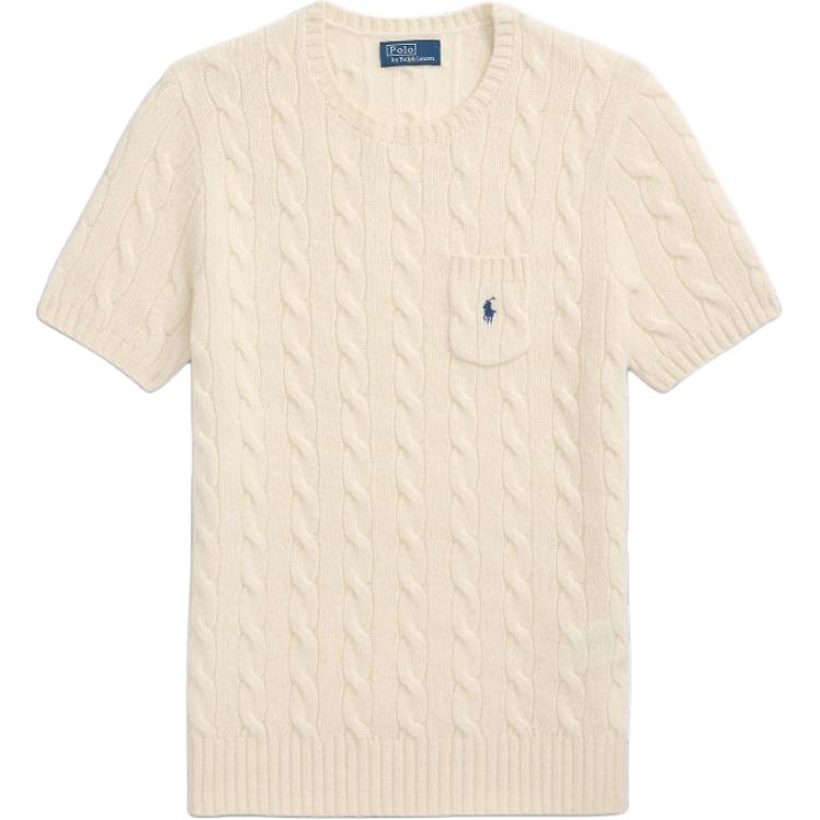 Polo Ralph Lauren Woolen cashmere pony with a round collar, white sweater, with embroidery, with short sleeve, slim fit