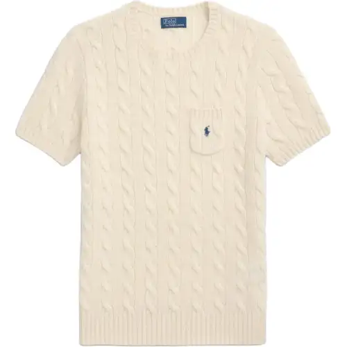 Polo Ralph Lauren Woolen cashmere pony with a round collar, white sweater, with embroidery, with short sleeve, slim fit