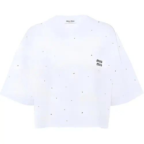 MIU MIU Miu Miu Embroidered Logo Crystal Decorated Short-Sleeved FW22 Drop Sleeve T-Shirt Women's White