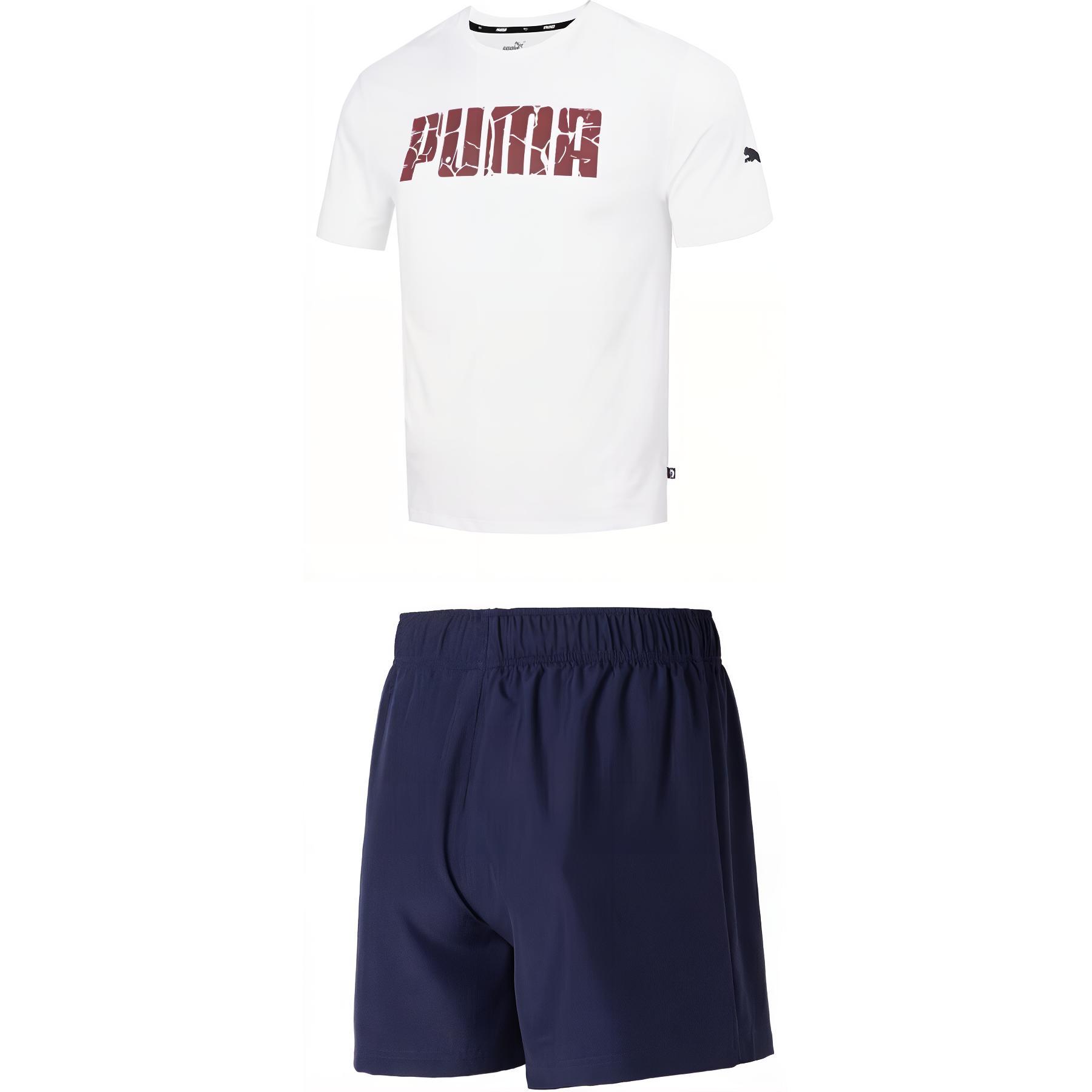 PUMA Casual Sportswear Men's Clothing Set White Top+Tweed Blue Shorts Crew Neck Moderate