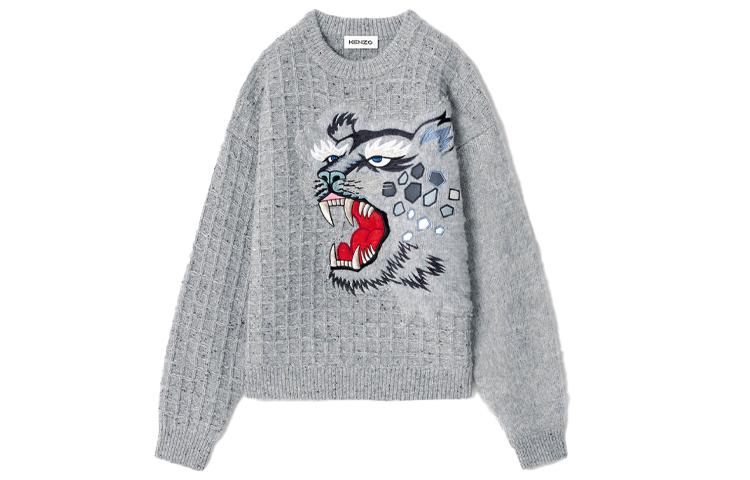 KENZO X Kansai Yamamoto joint model SS21 tiger cartoon print round neck pullover cardigan sweater women's gray