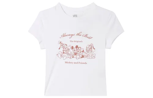 UNIQLO X Disney Co Brand T Shirts Women's White Crew Neck Moderate Straight Fit