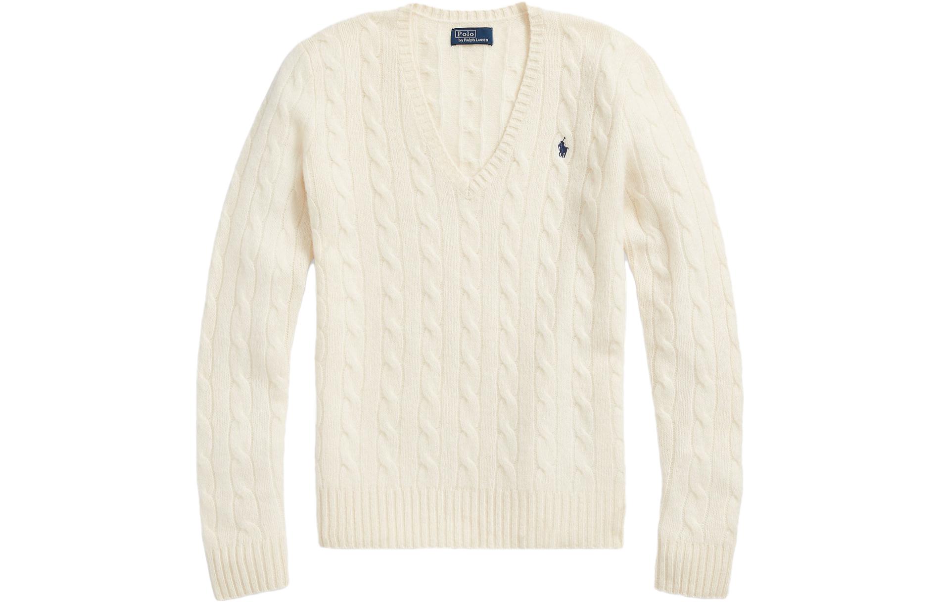 Polo Ralph Lauren Woolen cashmere long-sleeve, creamy sweater, slim fit, logo embroidery service, V-neckline