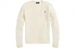 Polo Ralph Lauren Woolen cashmere long-sleeve, creamy sweater, slim fit, logo embroidery service, V-neckline