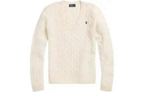 Polo Ralph Lauren Woolen cashmere long-sleeve, creamy sweater, slim fit, logo embroidery service, V-neckline