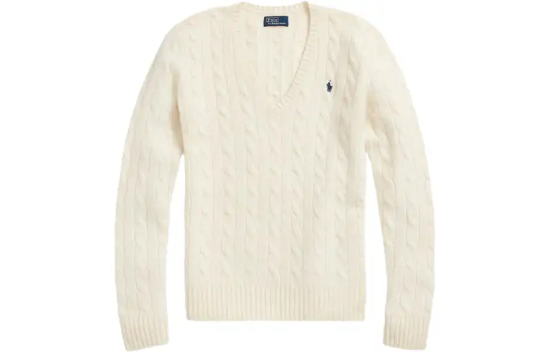 Polo Ralph Lauren Woolen cashmere long-sleeve, creamy sweater, slim fit, logo embroidery service, V-neckline