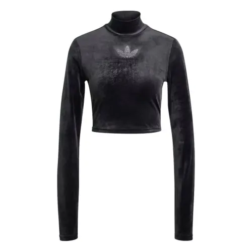 Adidas Originals Long Sleeve Rhinestone Trefoil Velvet Crop Top