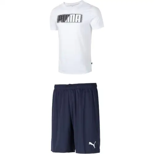 PUMA Casual Sportswear Men's White Top+Navy Blue Shorts Crew Neck Moderate