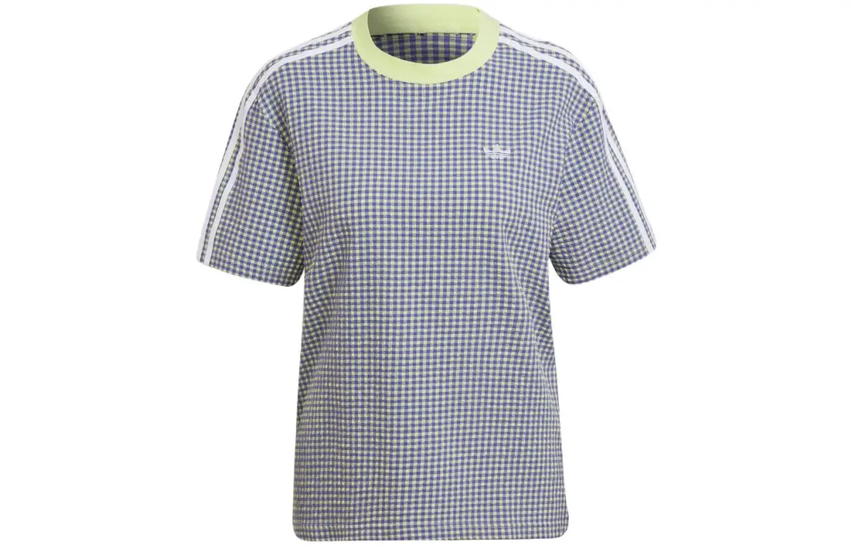 Adidas Originals GINGHAM TEE T-Shirts Women's Blue Crew Neck Moderate