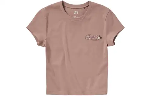 UNIQLO X Disney Co Brand T Shirts Women's Camel Crew Neck Moderate Straight Fit