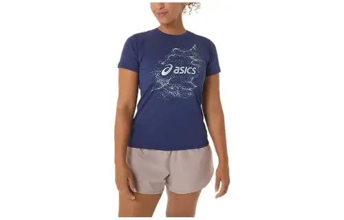 ASICS Nagino Graphic Run SS T Shirts Women's Blue Crew Neck Moderate Straight Fit