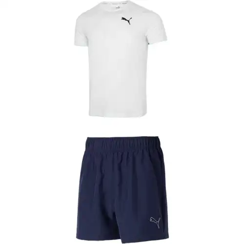 PUMA Casual Sportswear Men's Clothing Set White Top+Tweed Blue Shorts Crew Neck Moderate