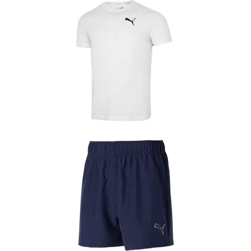 PUMA Casual Sportswear Men's Clothing Set White Top+Tweed Blue Shorts Crew Neck Moderate