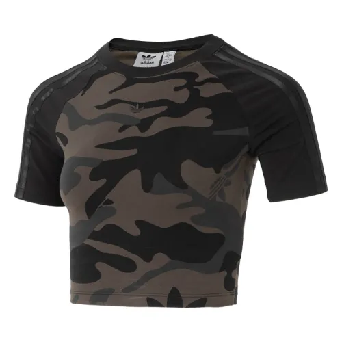 Adidas originals BABY TEE CAMO Women's Outdoor Series Round Neck Contrast Color Camouflage Slim Short Sleeve Cropped Top Women's Black/Grass Green