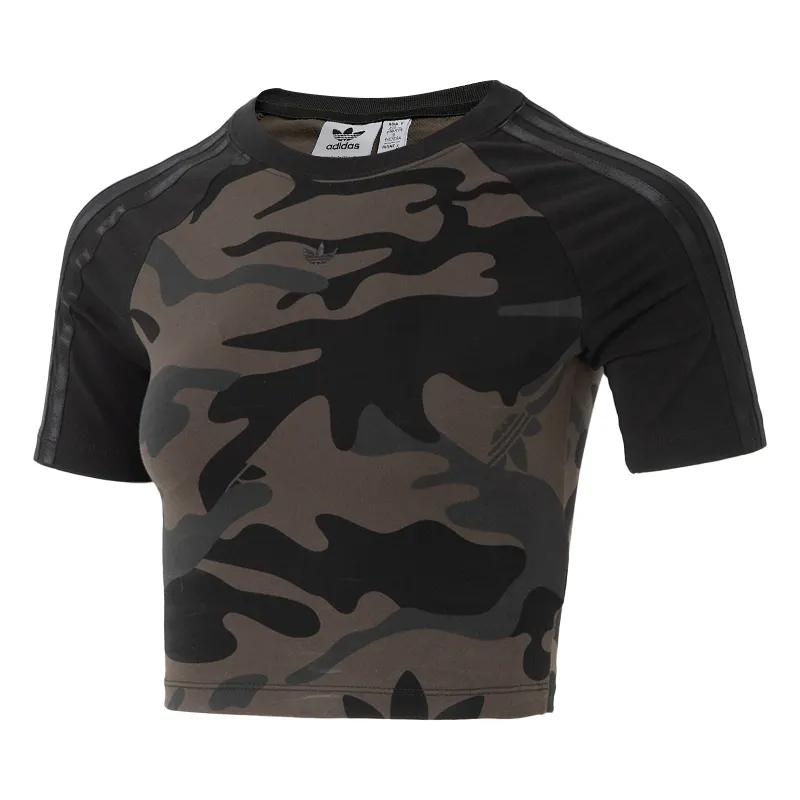 Adidas originals BABY TEE CAMO Women's Outdoor Series Round Neck Contrast Color Camouflage Slim Short Sleeve Cropped Top Women's Black/Grass Green