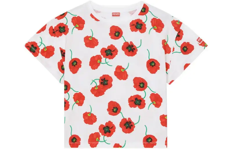 KENZO Poppy Flower Series T Shirts Women's White Crew Neck Moderate Straight Fit
