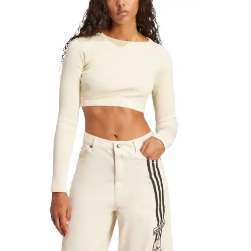 Adidas Women's Ribbed Long Sleeve Crop Top Cream White