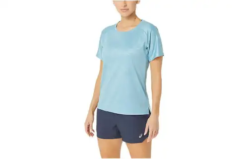 ASICS T Shirts Women's Oil Blue Crew Neck Moderate Other