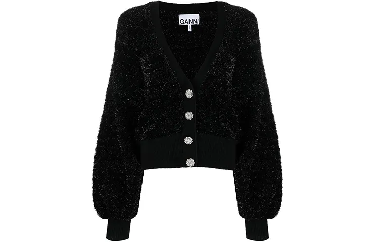 GANNI Sparkle Knit Puff Sleeve Cardigan 'Black'