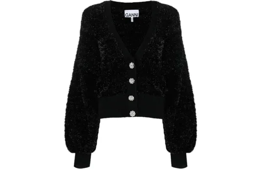 GANNI Sparkle Knit Puff Sleeve Cardigan 'Black'