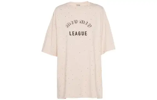 MIU MIU Miu Miu Logo Embroidered Round Neck Loose Short Sleeve SS22 Drop Sleeve T-Shirt Women's Beige