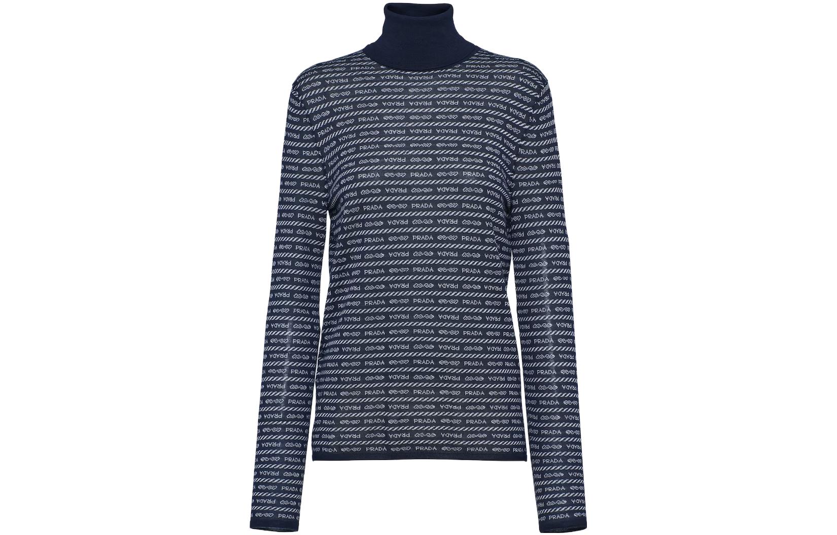 Женский свитер Prada Prada Superfine Wool Turtleneck Sweater With Intarsia Logo SS23 (синий)