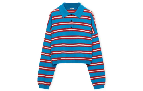 LOEWE Women's Stripe Polo Collar Wool Sweater Blue/Red