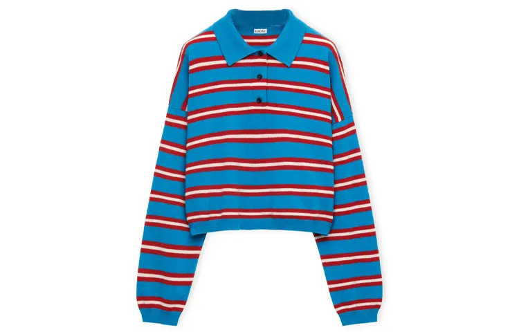 LOEWE Women's Stripe Polo Collar Wool Sweater Blue/Red