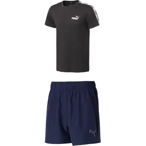 PUMA Casual Sportswear Men's Set Black T Shirt+Tweed Blue Shorts Crew Neck Moderate