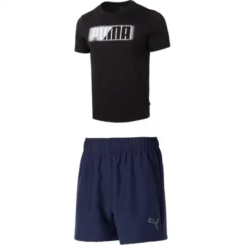 PUMA Casual Sportswear Men's Set Black Top+Tweed Blue Shorts Crew Neck Moderate